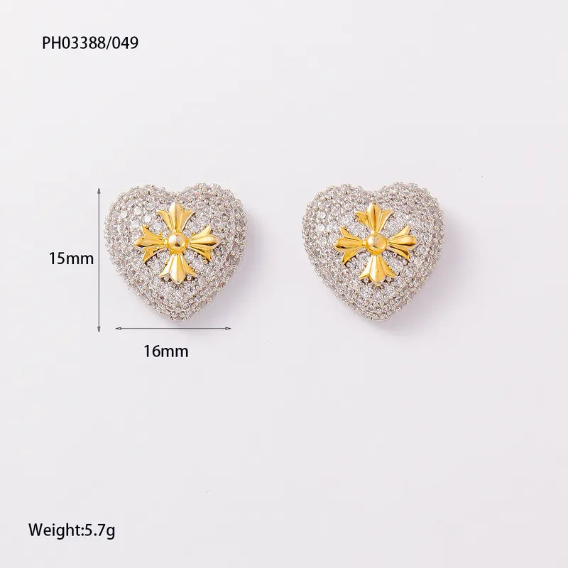 Real Gold Plated Diamond-Studded Brushed Earrings Square Heart Zircon Stud Earrings Copper Plated With 14K Real Gold Water Plating