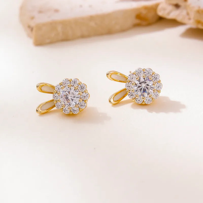 Real Gold Plated Diamond-Studded Brushed Earrings Square Heart Zircon Stud Earrings Copper Plated With 14K Real Gold Water Plating