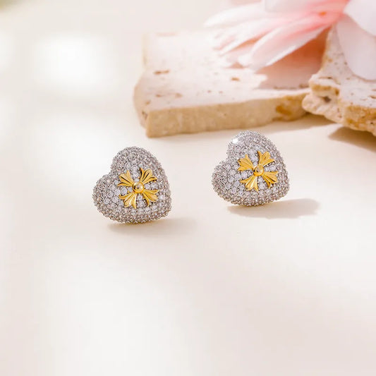Real Gold Plated Diamond-Studded Brushed Earrings Square Heart Zircon Stud Earrings Copper Plated With 14K Real Gold Water Plating