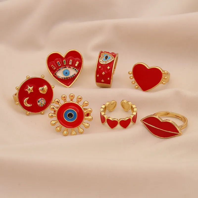 Red Lipstick Moon And Star Ring For Women Adjustable Size Vacuum Plated 18K Gold Romantic Cute Glowing Oil Drop Design Wedding Ring