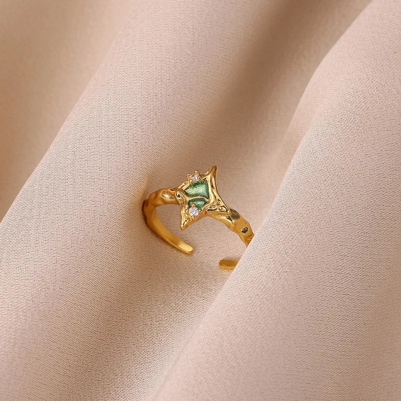 Retro Cool Style Magma Drop Oil Ring Ins Personality Luxury Versatile Stackable Zirconia Index Finger Ring For Women Copper Material Heart Pattern