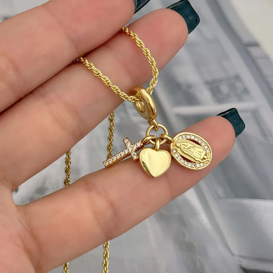 Retro Copper Plated 18K Gold Cubic Zirconia Necklace Cross Virgin Mary Heart Eye Multi-Pendent Casual Jewelry For Men And Women