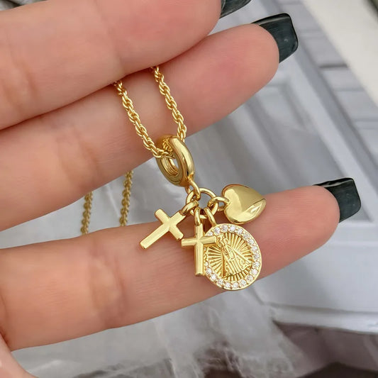 Retro Copper Plated 18K Gold Cubic Zirconia Necklace Cross Virgin Mary Heart Eye Multi-Pendent Casual Jewelry For Men And Women