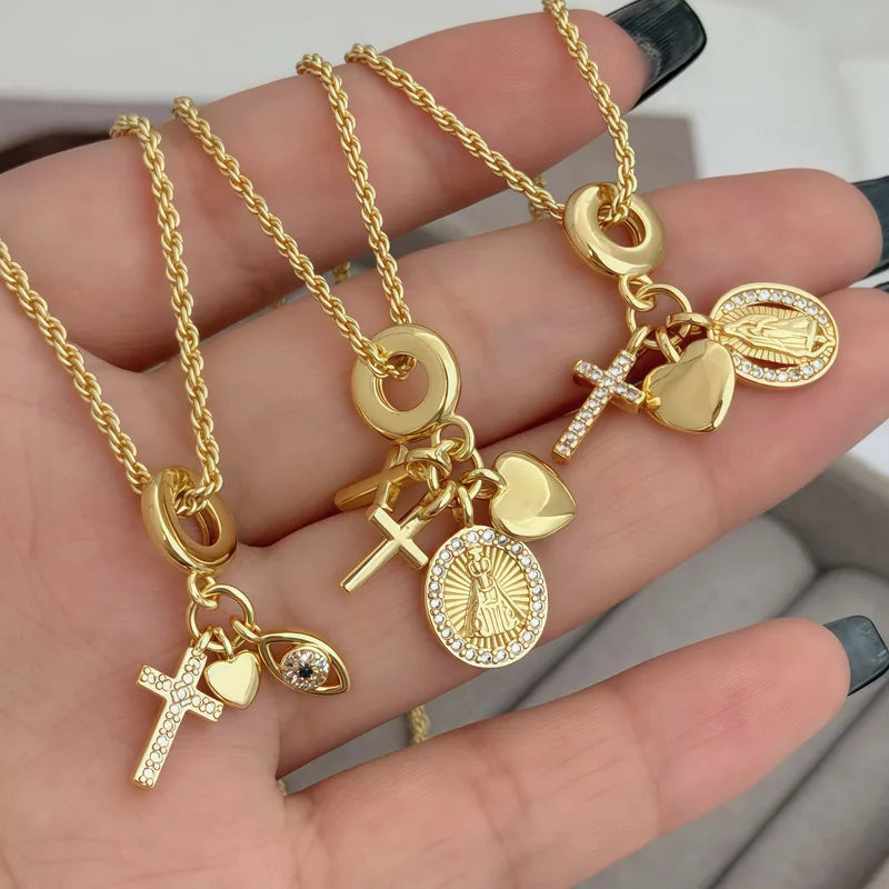Retro Copper Plated 18K Gold Cubic Zirconia Necklace Cross Virgin Mary Heart Eye Multi-Pendent Casual Jewelry For Men And Women