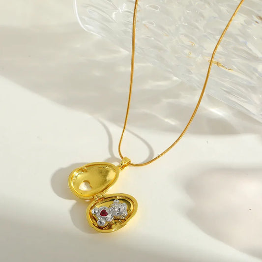 Retro Design 18K Gold Plated Stainless Steel Zircon Embedded Round Pendant Bear Charm Interchangeable Clasp Necklace For Women