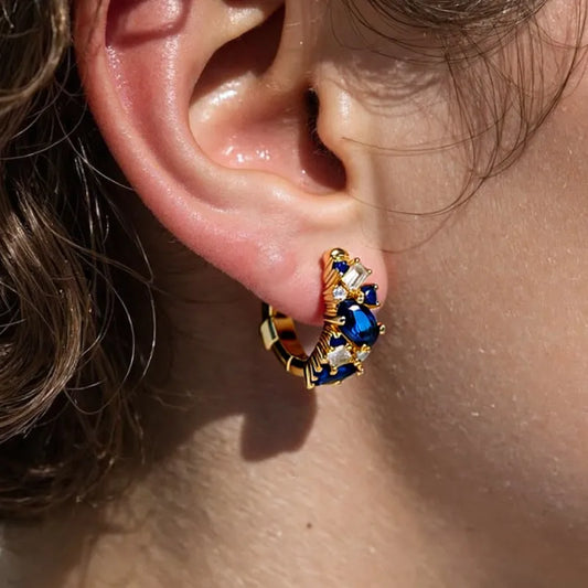 Retro Earrings Fashion Circle Luxury Blue Zircon Small Audience Geometric Pattern Copper