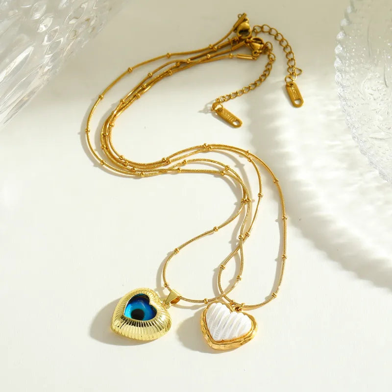 Retro Exaggerated 18K Gold Plated Stainless Steel Pearl Embedded Heart Pendant Necklace Women Casual Daily Date Selfie Gift