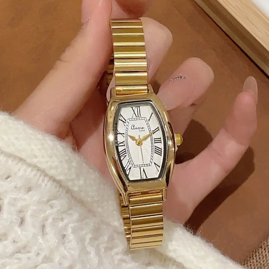 Retro Luxury Bamboo Steel Band Women's Quartz Watch Vintage Barrel Shape Wristwatch For Office Commuting Elegant Timepiece