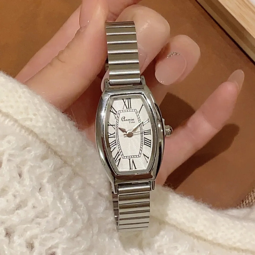 Retro Luxury Bamboo Steel Band Women's Quartz Watch Vintage Barrel Shape Wristwatch For Office Commuting Elegant Timepiece