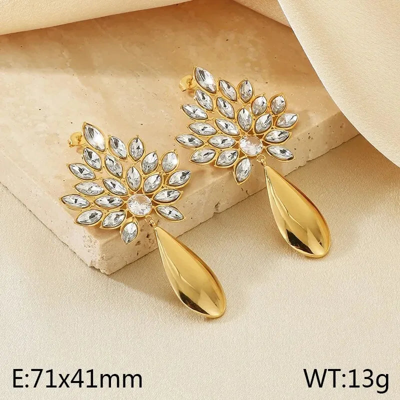 Retro Luxury Stainless Steel Earrings Women Full Drill Floral Waterdrop Fashion Small Audience Geometric Pattern Vacuum Plating