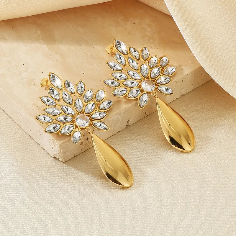 Retro Luxury Stainless Steel Earrings Women Full Drill Floral Waterdrop Fashion Small Audience Geometric Pattern Vacuum Plating