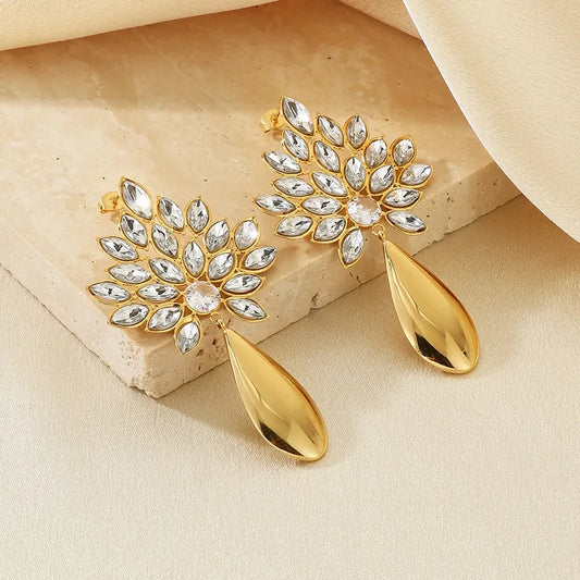 Retro Luxury Stainless Steel Earrings Women Full Drill Floral Waterdrop Fashion Small Audience Geometric Pattern Vacuum Plating