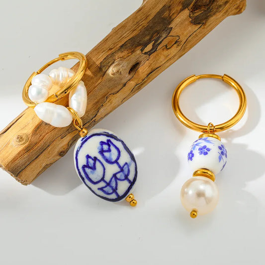 Retro Natural Pearl Round Pendant Earrings 18K Stainless Steel Elegant Dangle Studs Women's Fashion Jewelry Accessories