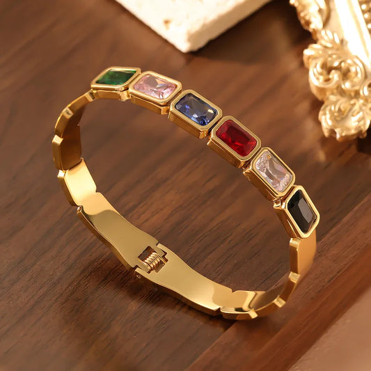 Retro Plated Titanium Steel 18K Gold Square Color Diamond Women's Buckle Design Stainless Steel Bracelet Fashion Jewelry