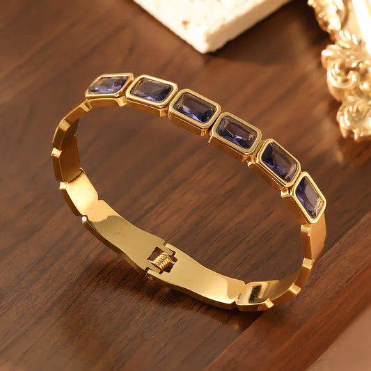 Retro Plated Titanium Steel 18K Gold Square Color Diamond Women's Buckle Design Stainless Steel Bracelet Fashion Jewelry