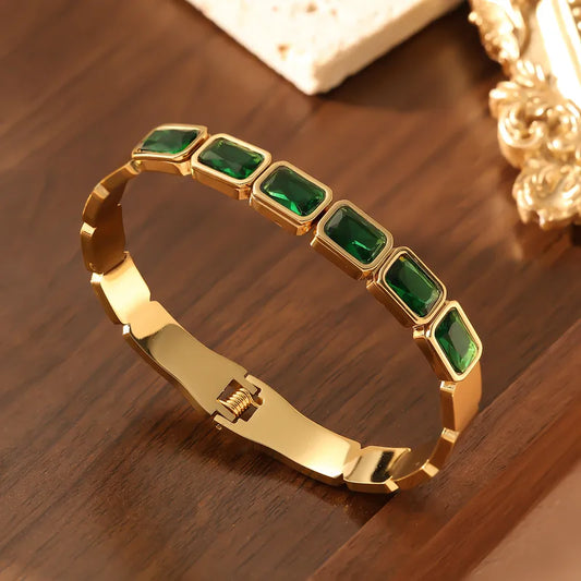Retro Plated Titanium Steel 18K Gold Square Color Diamond Women's Buckle Design Stainless Steel Bracelet Fashion Jewelry
