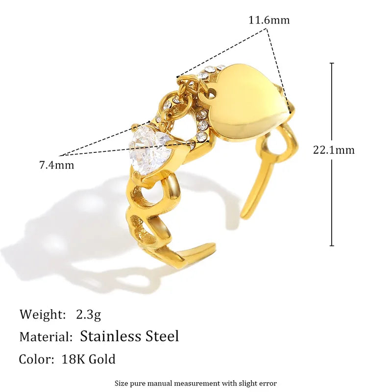Retro Stainless Steel 18K Gold Plated Heart Shaped Ring Women's Fashion Trend High-End Feeling Tassel Open Ring Geometric Pattern