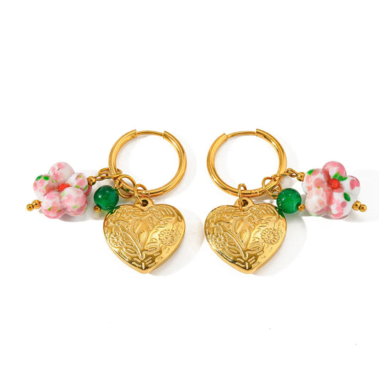 Romantic Artistic 18K Stainless Steel Ceramic Heart Flower Pendant Earrings Vintage Sweet New Style Electroplated Jewelry