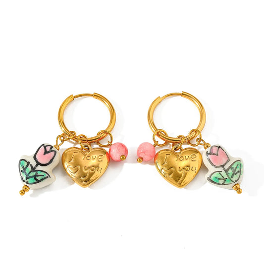 Romantic Artistic 18K Stainless Steel Ceramic Heart Flower Pendant Earrings Vintage Sweet New Style Electroplated Jewelry