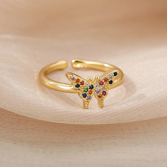 Romantic Butterfly Ring For Women Gold Shiny Zircon Embedded Bee Pattern Party Wedding Engagement Gift Elegant Cute Simple Style