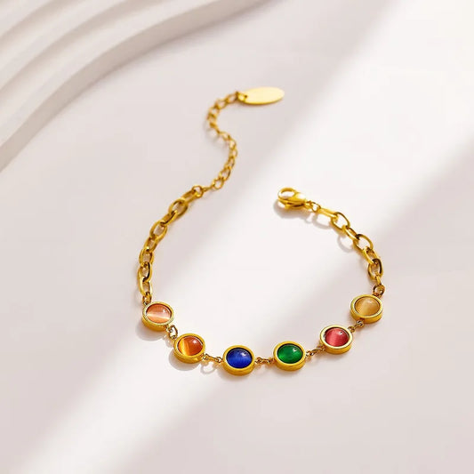 Rose Gold Plated Stainless Steel Cat's Eye Stone Bracelet Set Geometric Business Women's Vintage Bracelet