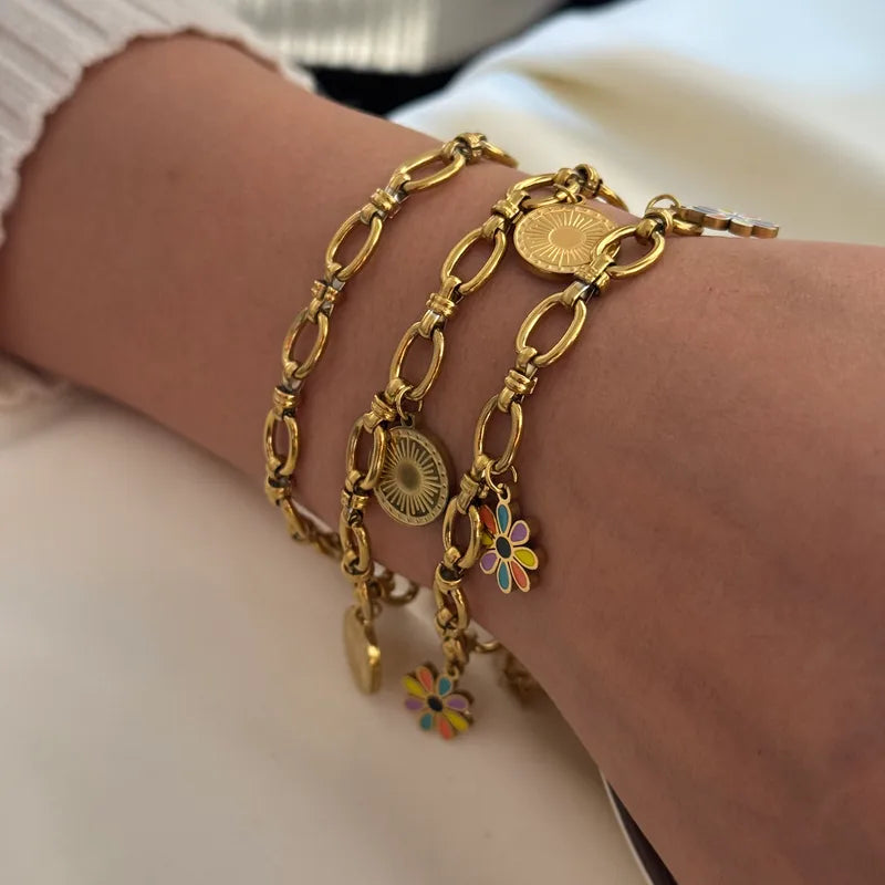 Round Flower Vacuum Plating (In Furnace) 304 Stainless Steel No Inlay Material Plated 18K Real Gold Lobster Clasp Handmade Chain Bracelet For Women