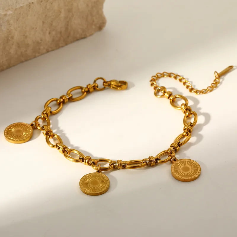 Round Flower Vacuum Plating (In Furnace) 304 Stainless Steel No Inlay Material Plated 18K Real Gold Lobster Clasp Handmade Chain Bracelet For Women