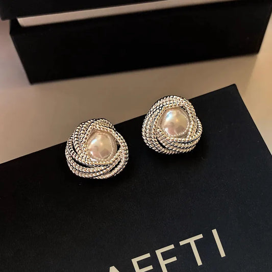 S925 Pure Silver Lace Pearl Earrings Women's Elegant Luxury Minimalist Hoops Jewelry Accessories Geometric Pattern French Vintage