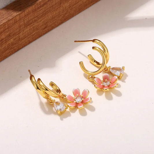 S925 Silver Needle Copper Embedded Zirconia 18K Gold Dipped Flower Earrings Women's Casual Fashion Jewelry Accessories