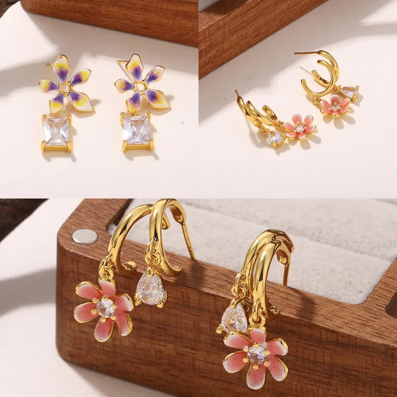 S925 Silver Needle Copper Embedded Zirconia 18K Gold Dipped Flower Earrings Women's Casual Fashion Jewelry Accessories