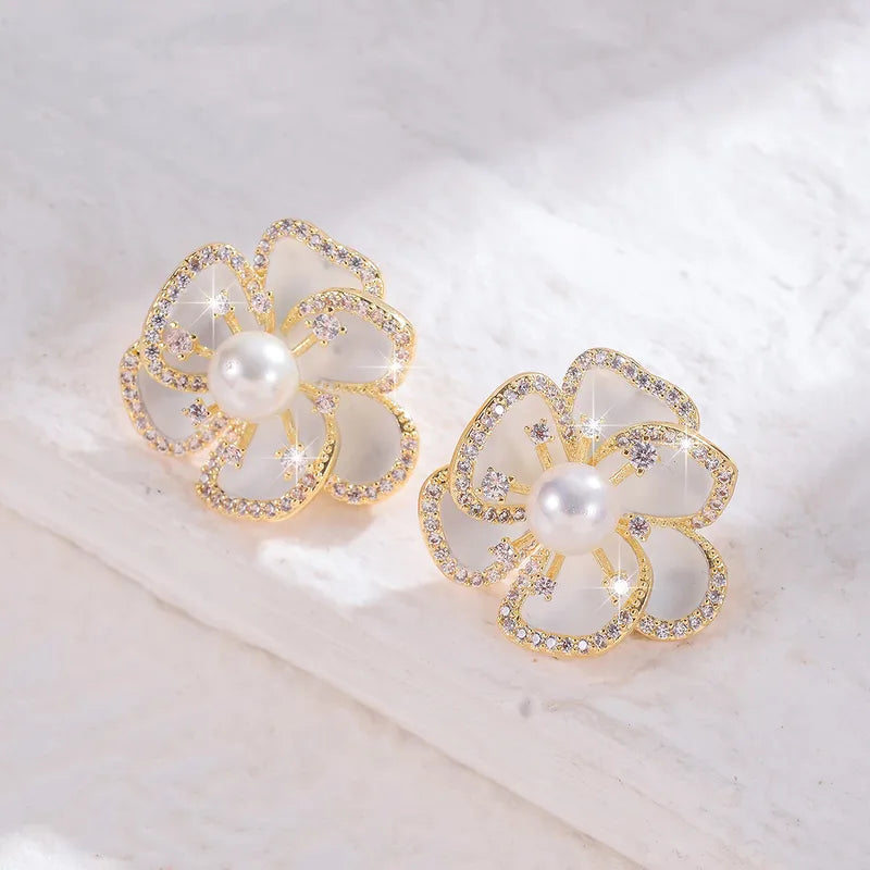 S925 Silver Needle Copper Embedded Zirconia 18K Gold Plated Floral Earrings Elegant Casual Luxury Polished Finish For Women