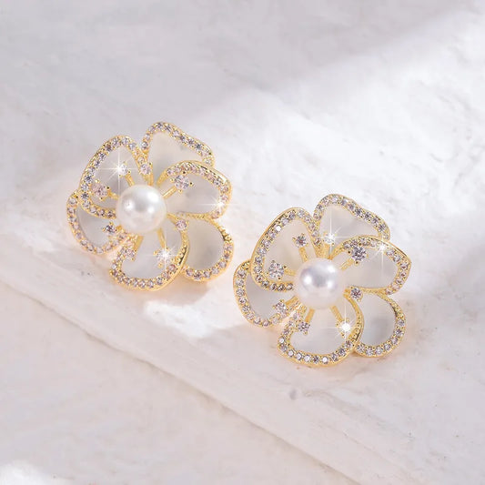 S925 Silver Needle Copper Embedded Zirconia 18K Gold Plated Floral Earrings Elegant Casual Luxury Polished Finish For Women