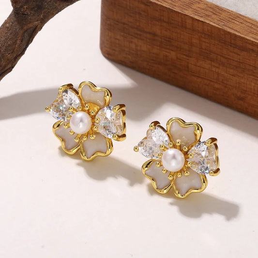 S925 Silver Needle Copper Embedded Zirconia 18K Gold Plated Floral Earrings Elegant Casual Luxury Polished Finish For Women