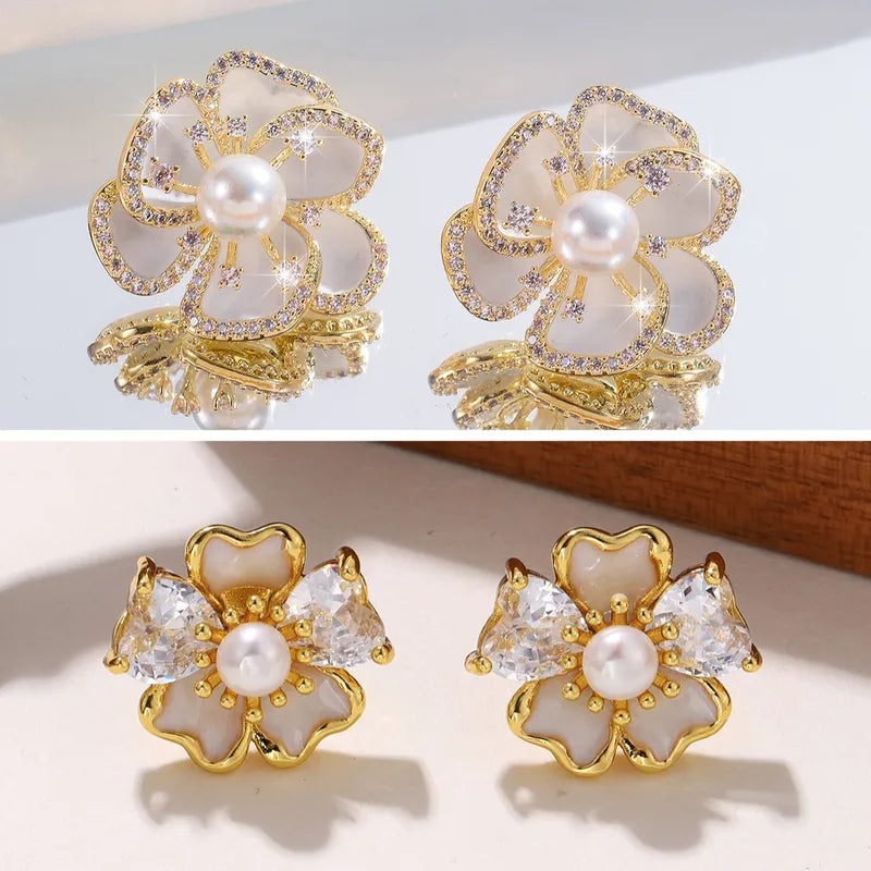S925 Silver Needle Copper Embedded Zirconia 18K Gold Plated Floral Earrings Elegant Casual Luxury Polished Finish For Women