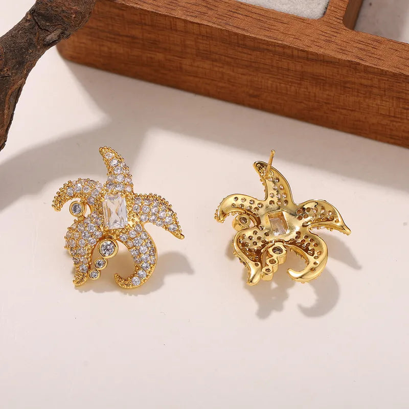 S925 Sterling Silver Starfish Shaped Earrings With Embedded Zirconia Stones Gold Plated Genuine Copper Casual Holiday Party Suitable