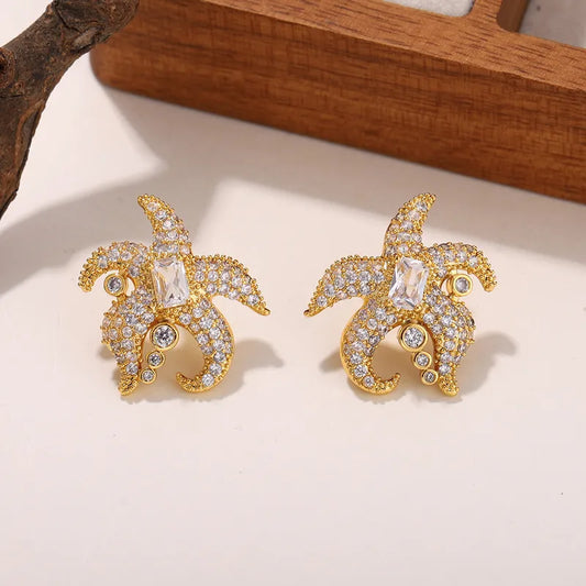 S925 Sterling Silver Starfish Shaped Earrings With Embedded Zirconia Stones Gold Plated Genuine Copper Casual Holiday Party Suitable