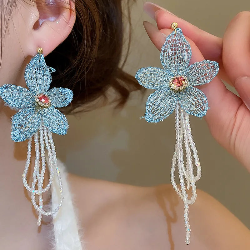 Silver Needle Diamond Embedded Fabric Flower Crystal Tassel Earrings Elegant Sweetness Women's Fashion Jewelry Accessories