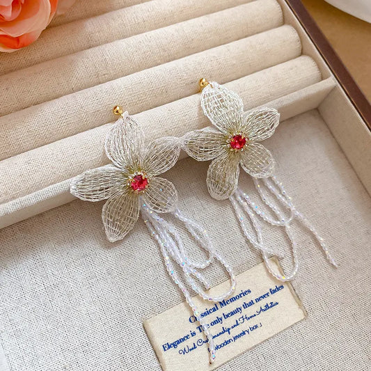 Silver Needle Diamond Embedded Fabric Flower Crystal Tassel Earrings Elegant Sweetness Women's Fashion Jewelry Accessories