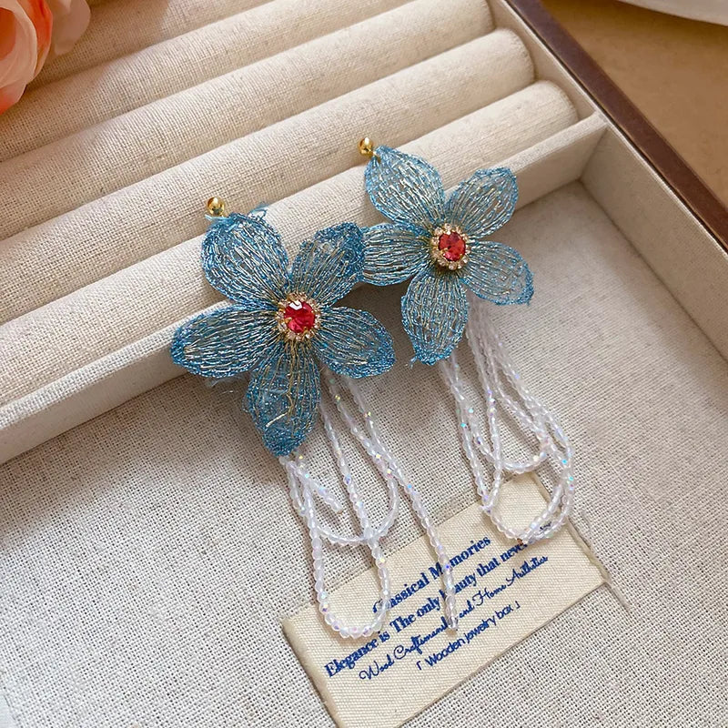 Silver Needle Diamond Embedded Fabric Flower Crystal Tassel Earrings Elegant Sweetness Women's Fashion Jewelry Accessories