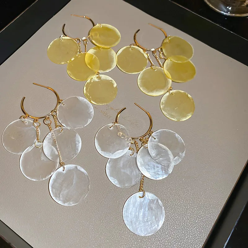 Silver Needle Geometric Round Shell Tassel C-Shape Earrings Beach Vacation Style Fashionable Ear Jewelry Design Unique