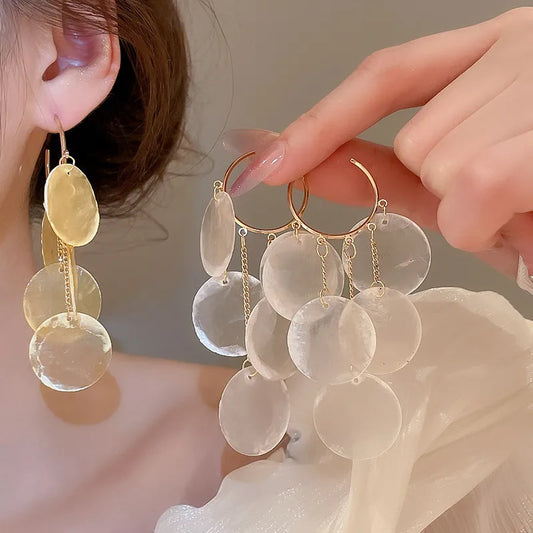 Silver Needle Geometric Round Shell Tassel C-Shape Earrings Beach Vacation Style Fashionable Ear Jewelry Design Unique