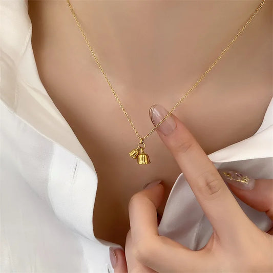 Simple Golden Bean Necklace Women's Style Titanium Steel Bohemian Pattern Luxury Design Sensation Lightweight Pendant Accessory