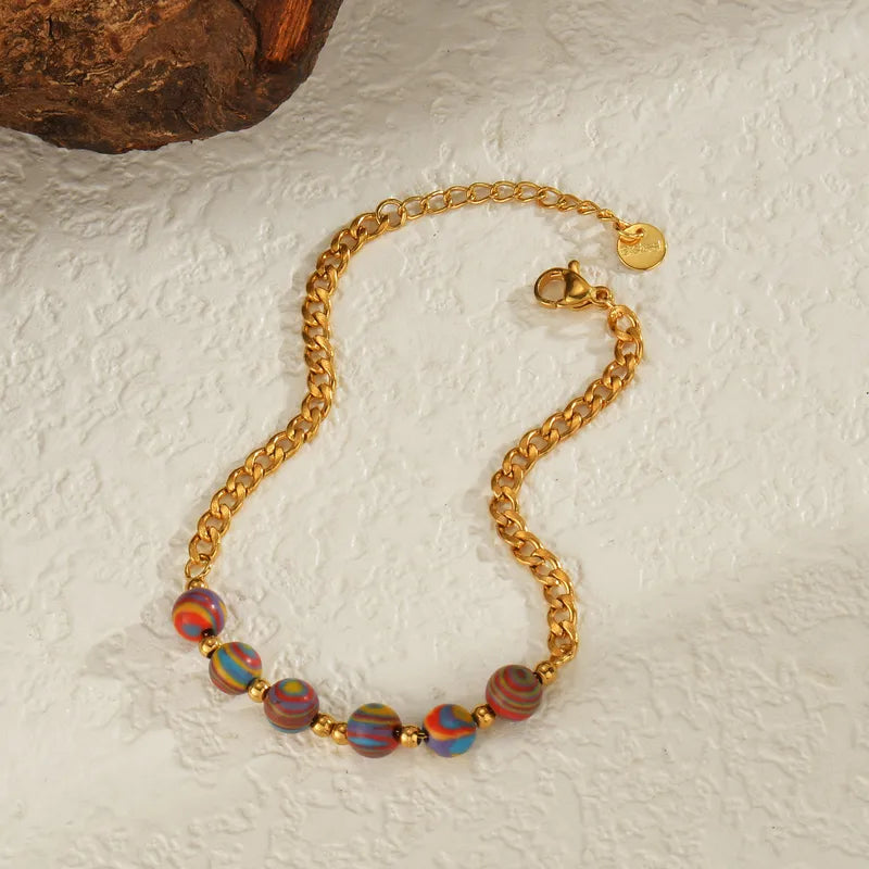 Simple Handmade Macaron Color Block Cuban Chain Bracelet Geometric Transparent Inlaid Stainless Steel Unisex