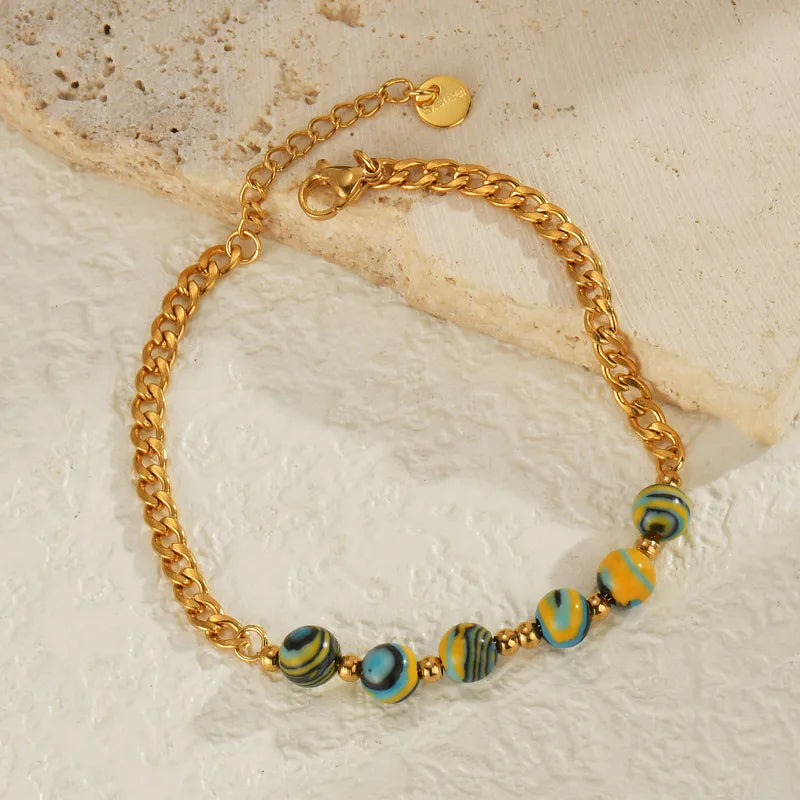 Simple Handmade Macaron Color Block Cuban Chain Bracelet Geometric Transparent Inlaid Stainless Steel Unisex