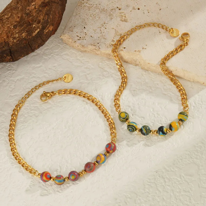 Simple Handmade Macaron Color Block Cuban Chain Bracelet Geometric Transparent Inlaid Stainless Steel Unisex