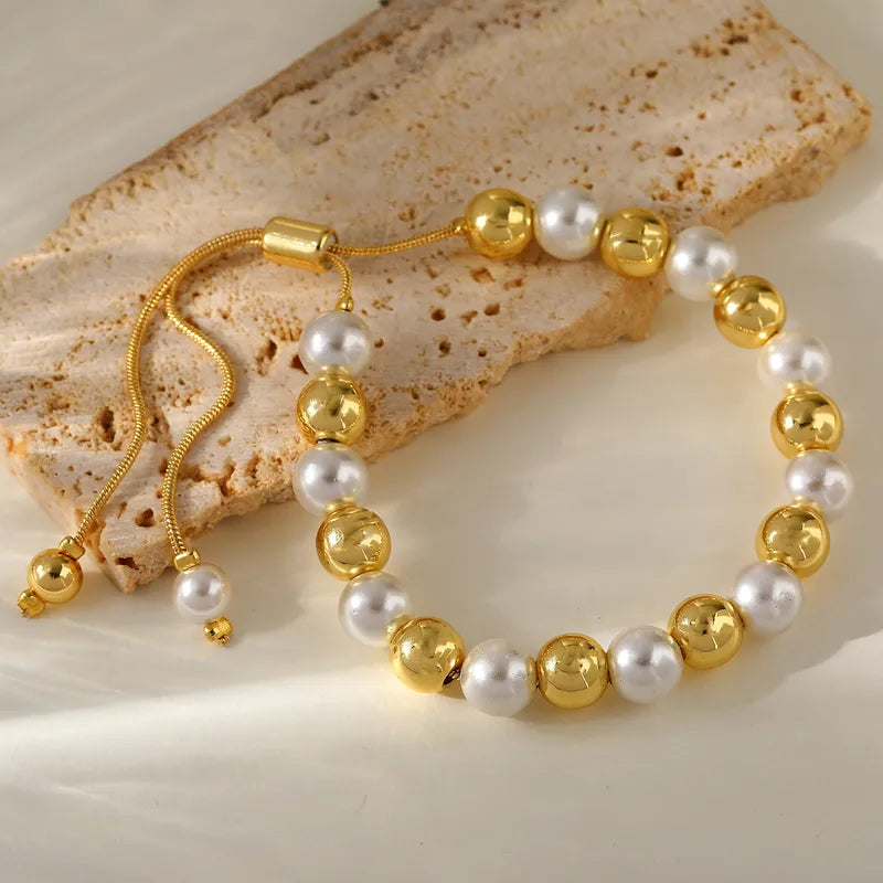 Simple Luxury Copper Plated 18K Gold Beaded Bracelet Casual Artistic Design For Party Date Selfie Holiday Gold Color Slide Buckle