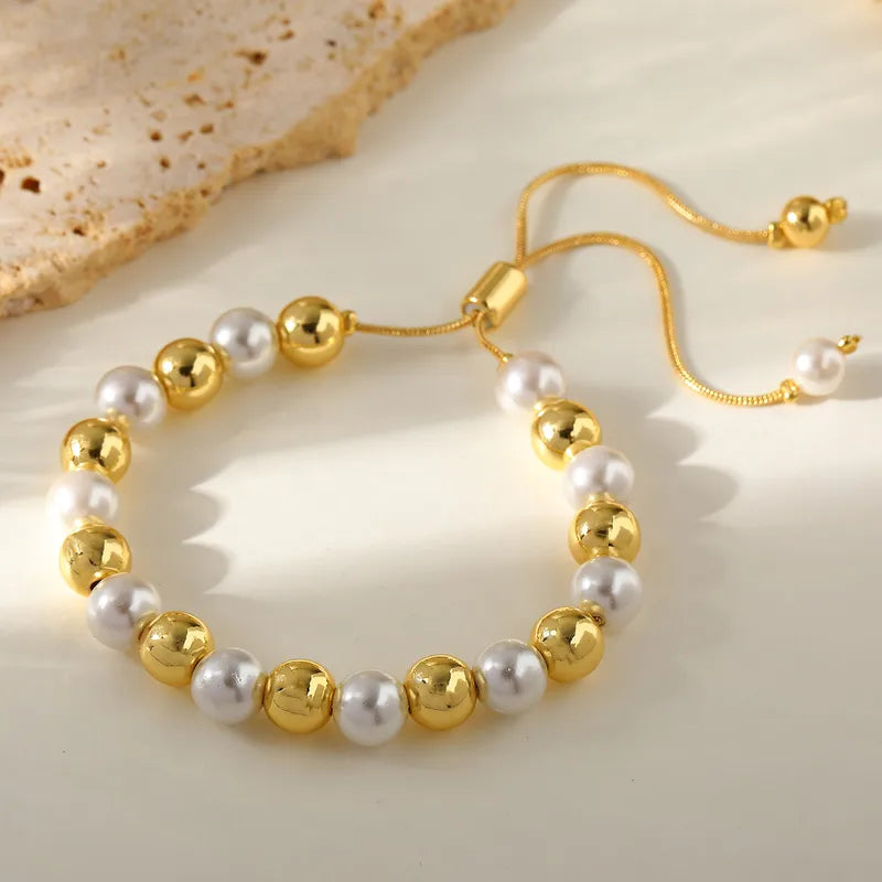 Simple Luxury Copper Plated 18K Gold Beaded Bracelet Casual Artistic Design For Party Date Selfie Holiday Gold Color Slide Buckle