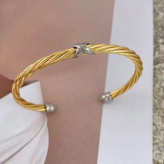 Simple Open Adjustable Copper Plated Ins Style Twisted Steel Wire Bracelet New Arrival Gold Hand Accessory