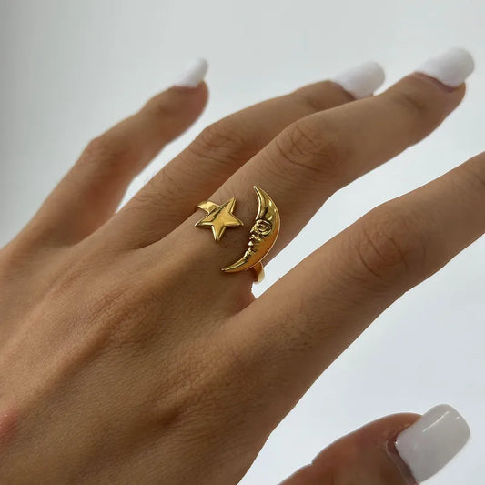 Simple Stainless Steel Star Moon Open Ring Adjustable Size Casual Party Sport Occasions Gold Plated 304 Stainless Steel Ring