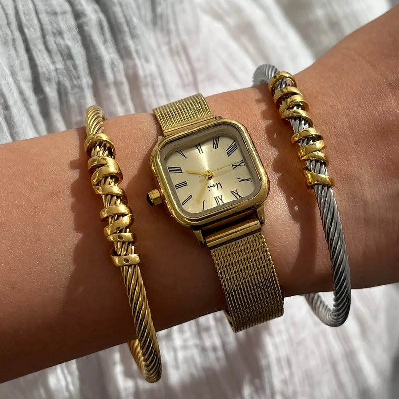Simplified Commuting Daily Stainless Steel 18K Gold Plated Hemp Rope Geometric Open Hand Bracelet Elegant Classic Style